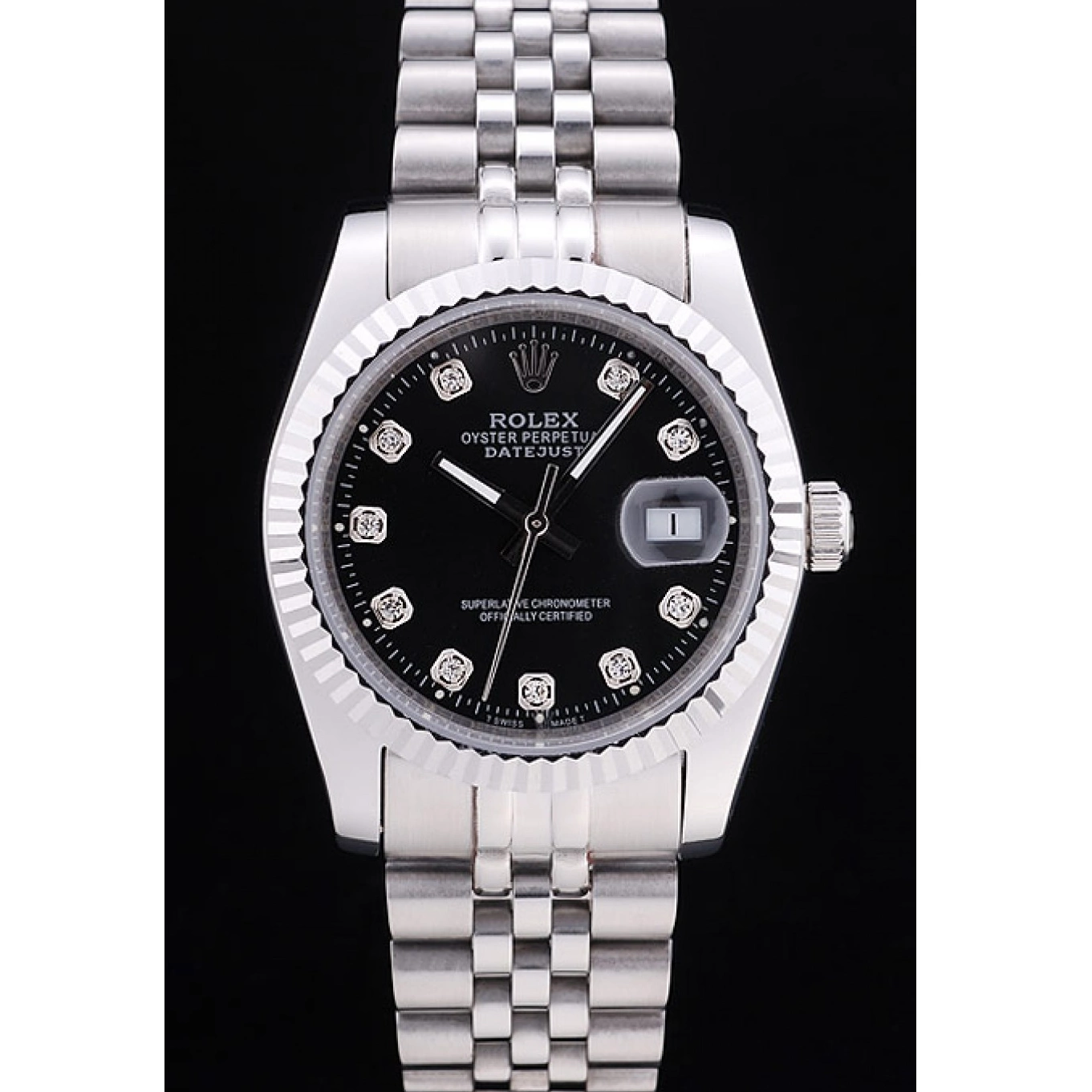 AAA replica watch Ribbed Diamonds Black 7458 Bezel Datejust Rolex Dial 0816